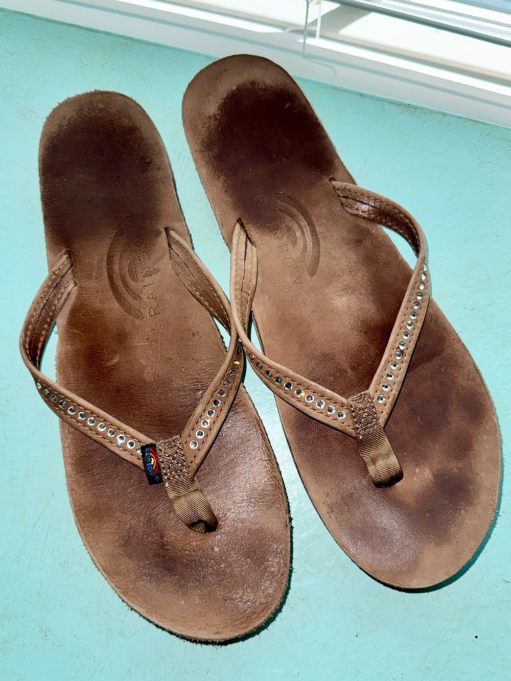 Rainbow Brown Leather Rhinestone Flip Flop Sandals - Size 8